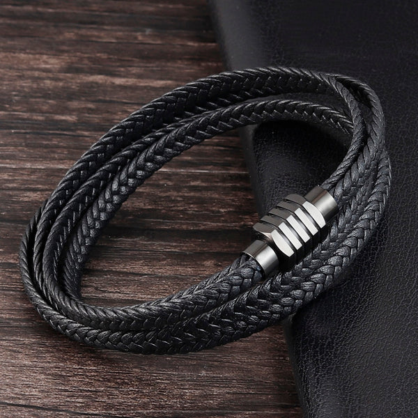 Pulsera de cadena trenzada multicapa con cierre de acero inoxidable negro, regalo vintage