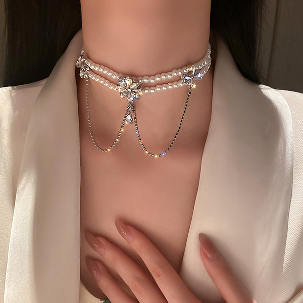 New Flower Crystal Choker Necklaces for Women Long Tassel Pendant Pearl Necklaces