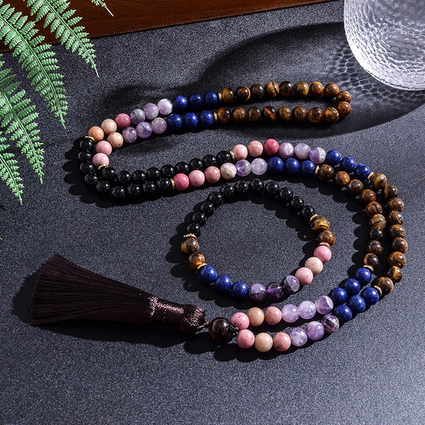 Pulsera de japamala con cuentas de ojo de tigre, lapislázuli, amatista y ágata negra de 8 mm, 108 rosarios