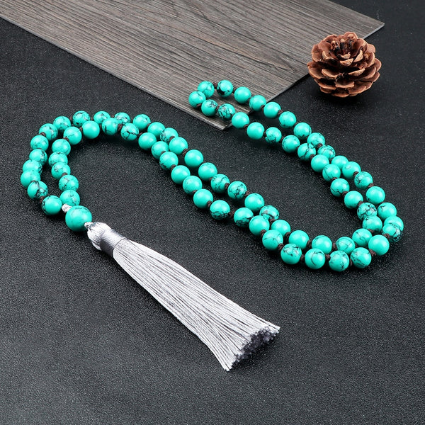 Collar largo con colgante de borla anudada con cuentas de piedra natural de 8 mm y 108 Malas