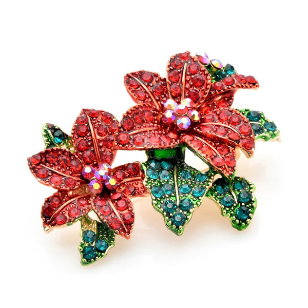 Red Rhinestone Flower Brooches Women Alloy Beautiful Flower Brooch