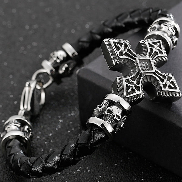 Pulsera de cuero con cruz de calavera punk rock para hombre