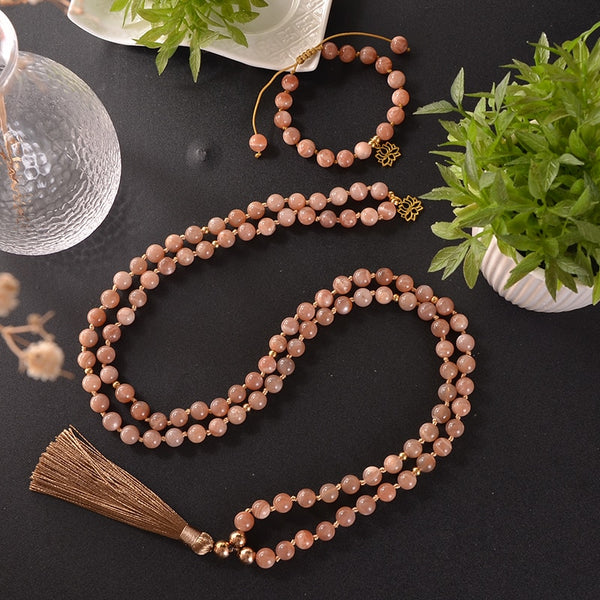 8mm Natural Sunstone Beads Knotted 108 Japamala Necklace