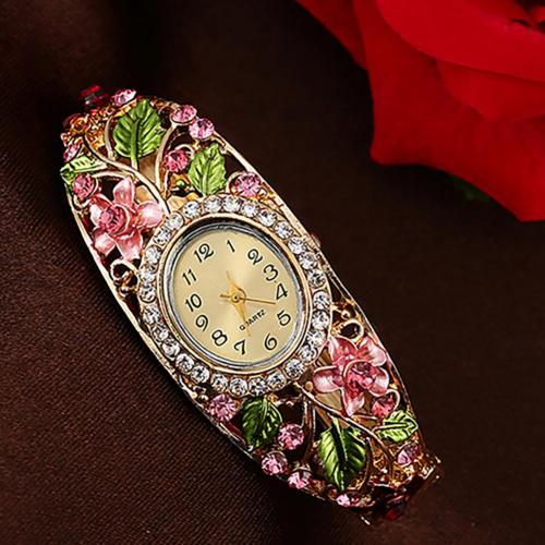 Vintage Faux Crystal Alloy Pretty Floral Pattern Bracelet Watch for Casual