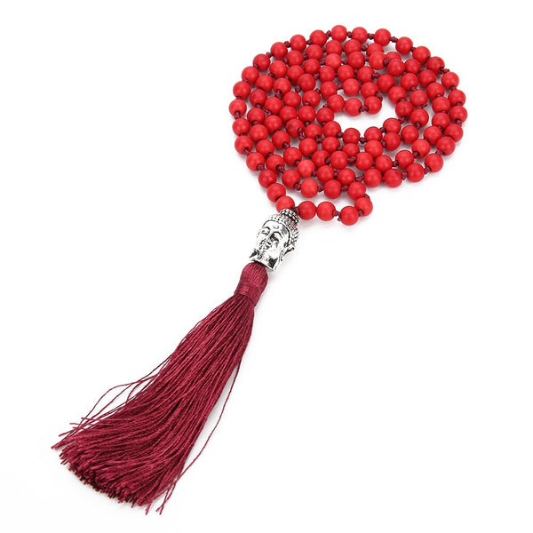 Boho 108 Mala Beaded Knotted Semi-precious Stone Jewelry Buddha Head Tassel Pendant Long Necklace