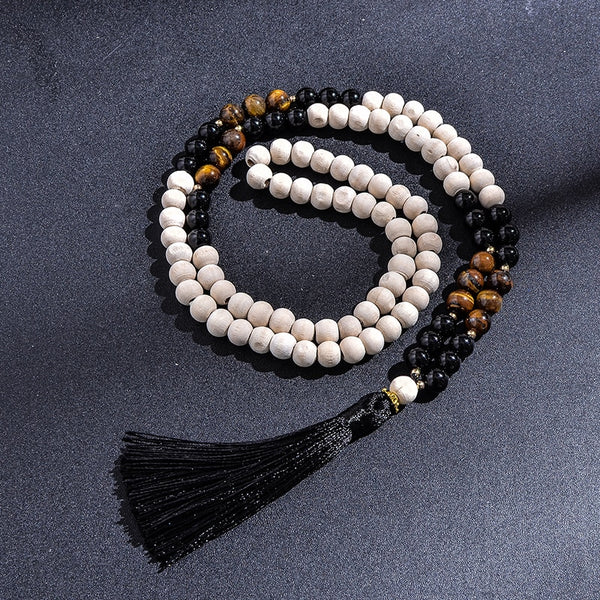 Collar de cuentas de madera de 8 mm con ojos de tigre amarillo y ónix negro