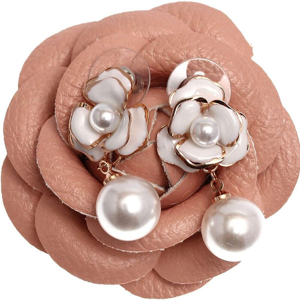 Designer Imitation Pearl Camellia Charm Dangle Earrings For Women
