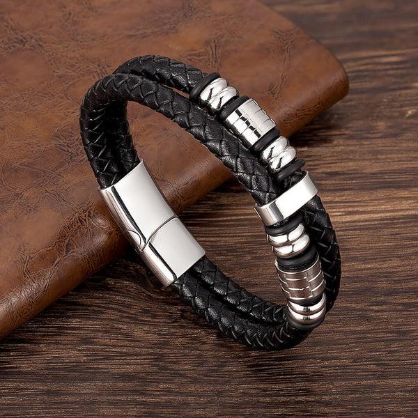 Pulseras de lujo para hombre, accesorios de moda, de cuero genuino negro.
