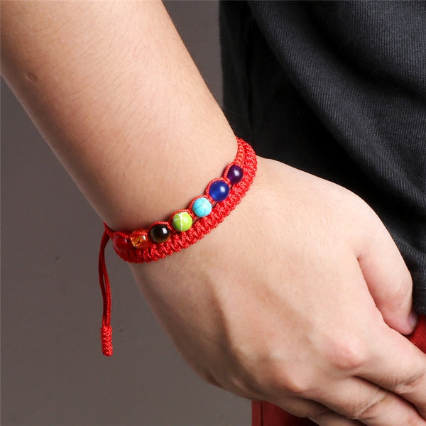 Pulsera de la suerte para parejas con 7 chakras, hilo tejido negro, rojo y blanco