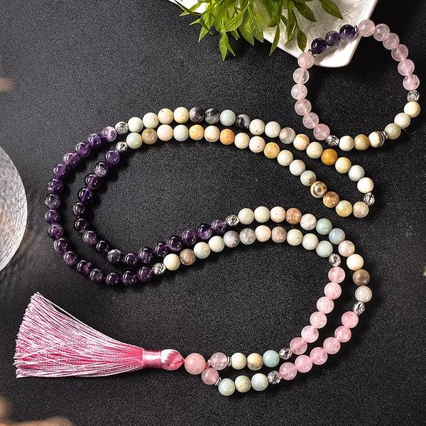 Collar de cuentas de amazonita, cuarzo rosa y amatista natural de 8 mm