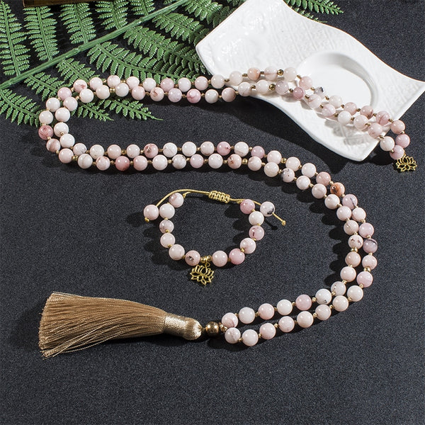 Collar de japamala de ópalo rosa de 8 mm para meditación y yoga, conjunto de joyas con 108 cuentas anudadas para mujer