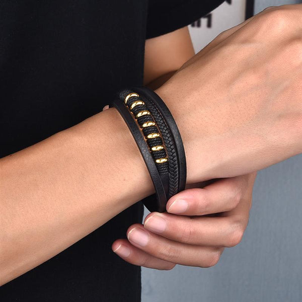 Nueva pulsera de cuero genuino de acero inoxidable para hombre
