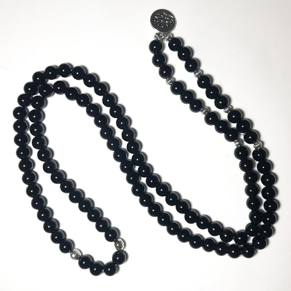 Pulsera elástica con cuentas de ónix negro de 8 mm y 108 Malas