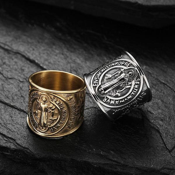 Anillo de acero inoxidable con cruz de San Benito, exorcista católico vintage para hombre, anillo dominante de la Biblia con Jesús exorcista, regalo de joyería