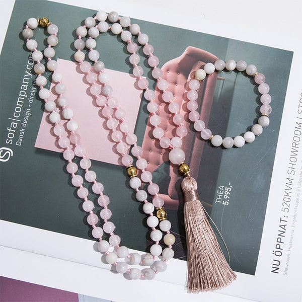 Collar de japamala anudado con cuentas de ágata loca blanca de cuarzo rosa de 8 mm 108