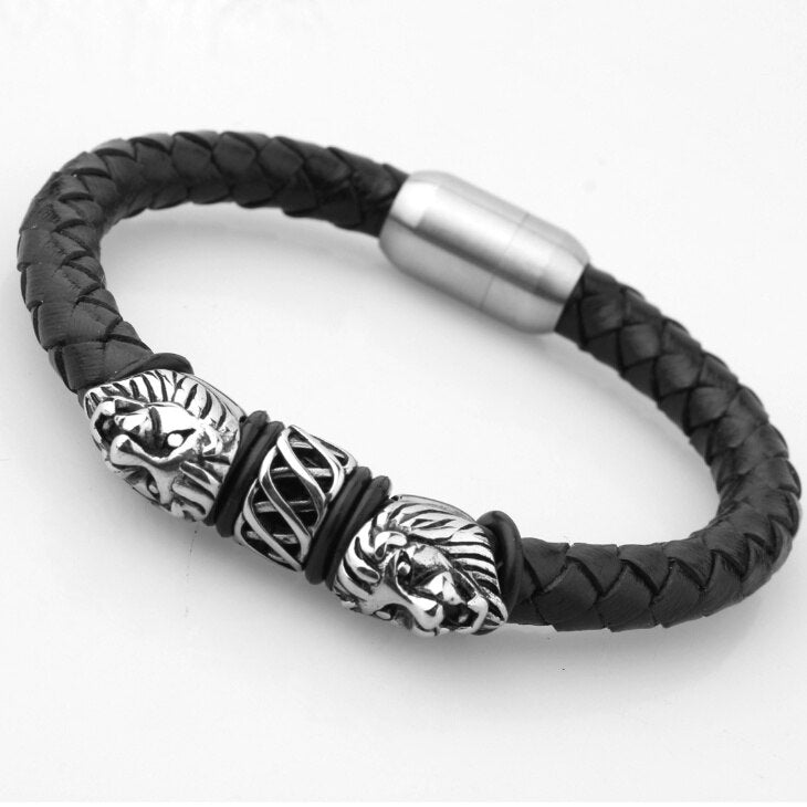 Classic Punk High Quality Metal Cool Gold Color Lion Magnetic Buckle Leather Bracelet