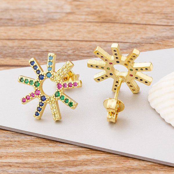 Pendientes de botón con diseño de girasol, arcoíris y circonitas de cobre para mujer