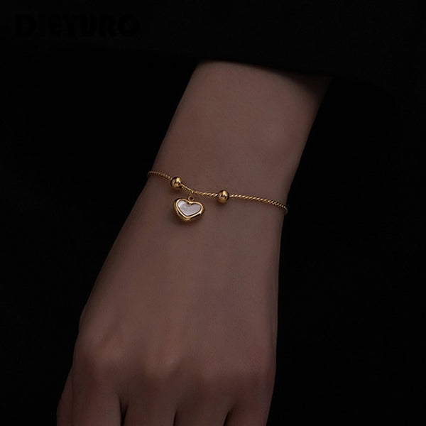 316L Stainless Steel  Elegant Shell Love Heart Pearl Drawstring Design Round Bead Bracelet