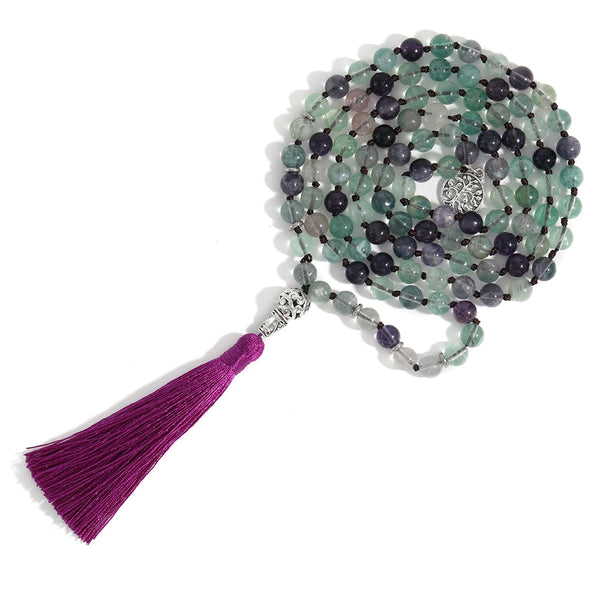 Colgante de cuentas de la suerte del árbol de la vida, 108 Malas, 8 mm, fluorita de color natural, hecho a mano, anudado, para meditación y oración.