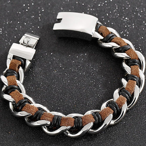 Pulsera de cuero vacuno de acero inoxidable resistente para hombre. Pulseras Leatherman.