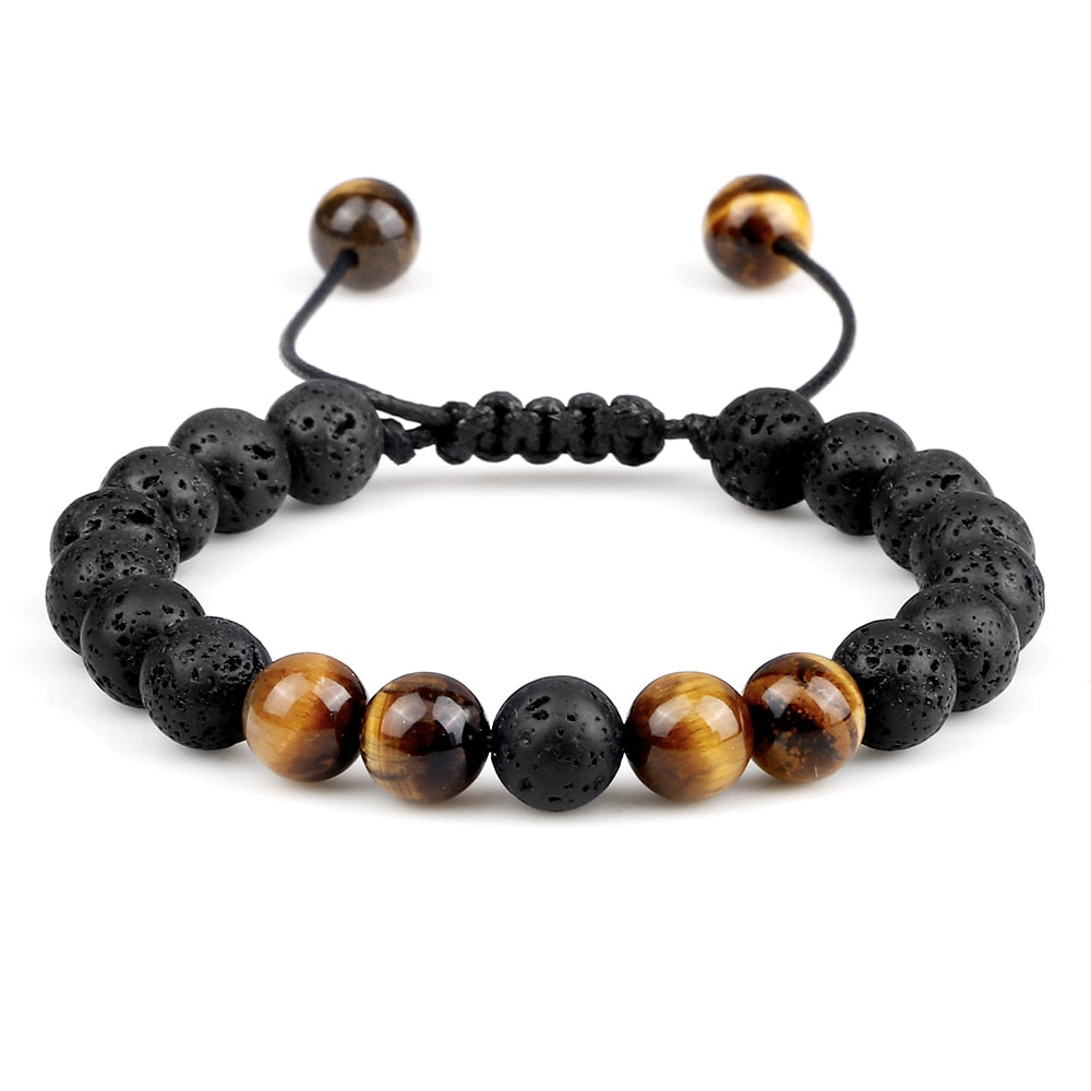 Multicolor Tiger Eye Stone Beads Bracelet Natural Lava Adjustable Braided Men Women