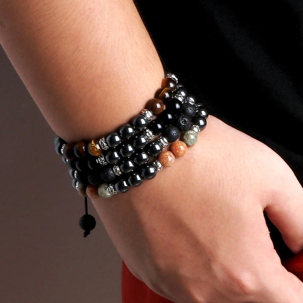 Pulseras clásicas de hematita para hombre, de 8 mm, con piedra de lava y ojo de tigre natural.