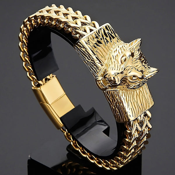 Gothic Wolf Head Shaped Franco Link Curb Chain Man Bracelet