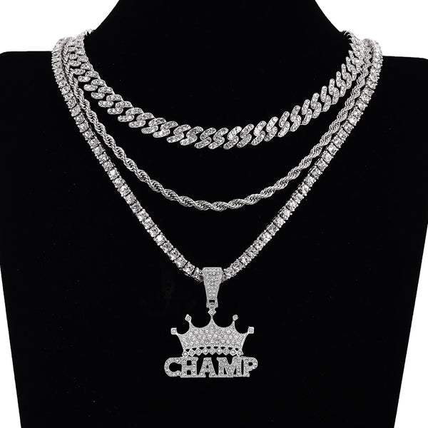 Collar con colgante de corona CHAMP de hip-hop de moda