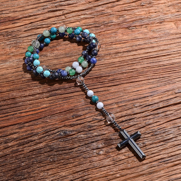 Collares de rosario católico con cruz de cuentas de mala, lapislázuli, fénix y sodalita natural