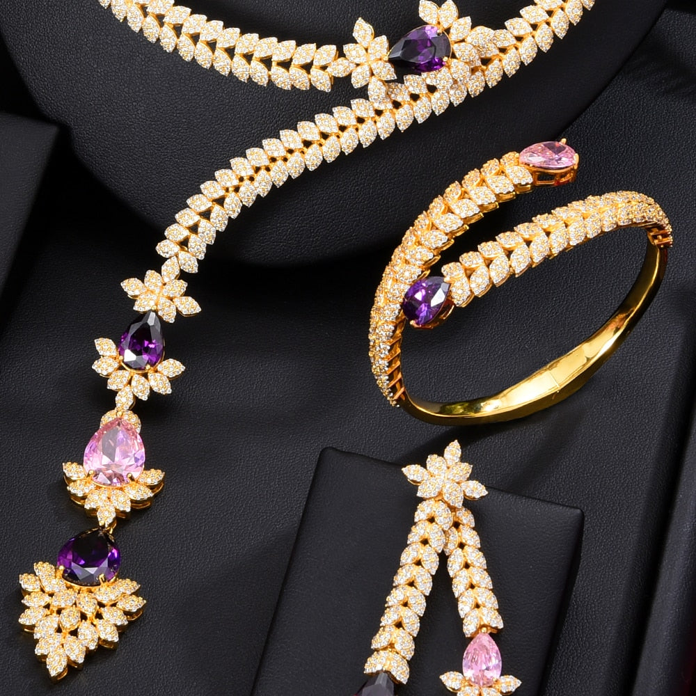 4PCS Green CZ Luxury African  Party Zircon Crystal Dubai Bridal Jewelry Set Gift
