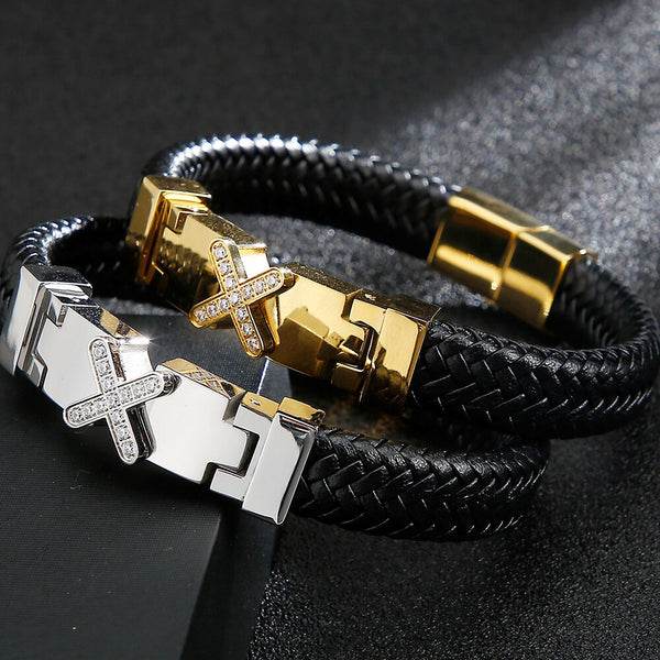 Pulsera de cuero genuino para hombre, brazalete con cierre magnético y botón, elegante pulsera.