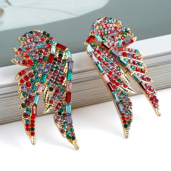 Pendientes grandes con alas de metal y cristales de moda para mujer