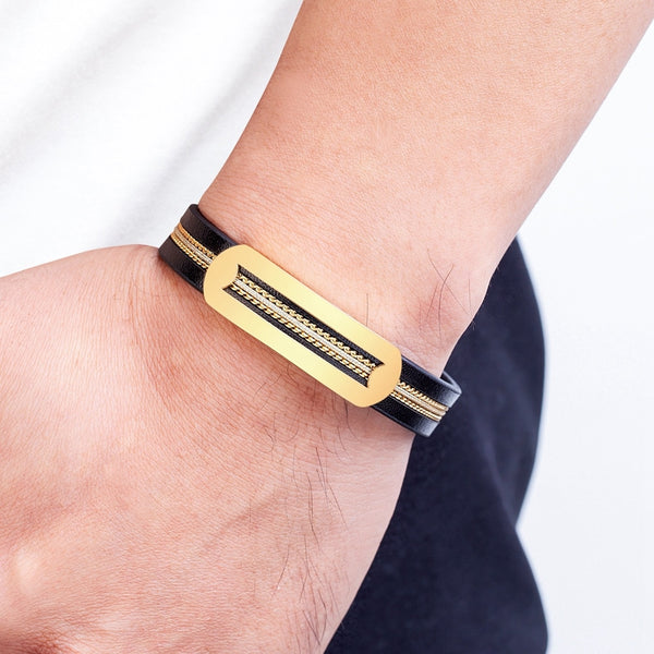 Pulsera de cuero con combinación de cadena y empalme de acero inoxidable para hombre, ideal como regalo de cumpleaños.