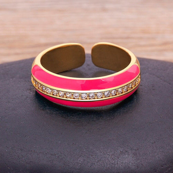 Nuevo anillo abierto de circonita transparente esmaltado en color caramelo de tamaño ajustable para mujer.