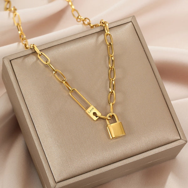 316L Stainless Steel Letter Love Lock Pendant Thick Chain Necklace
