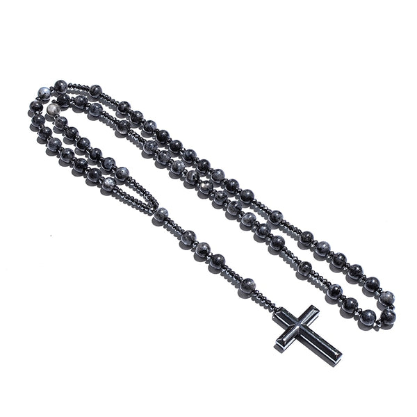 Collar con colgante de cruz de cuentas de rosario cristiano católico de labradorita negra para hombres y mujeres