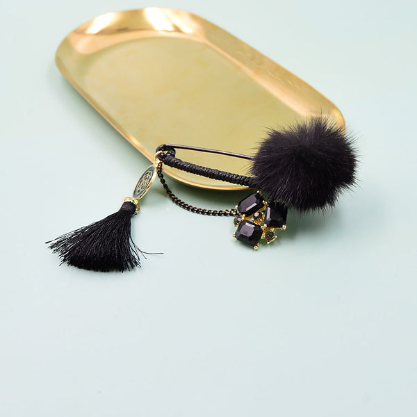 Enamel Camellia Long Tassel Puffer Ball Brooches For Women Black Pin Brooch