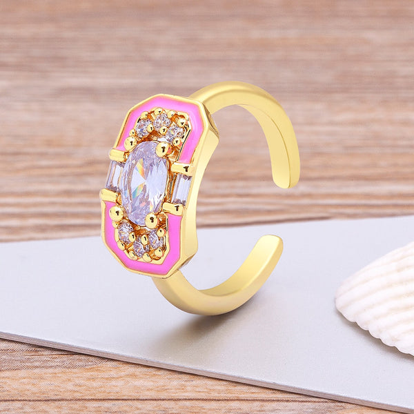 Anillo de puño con banda de micro circón pavé de alta calidad con colores arcoíris dulces