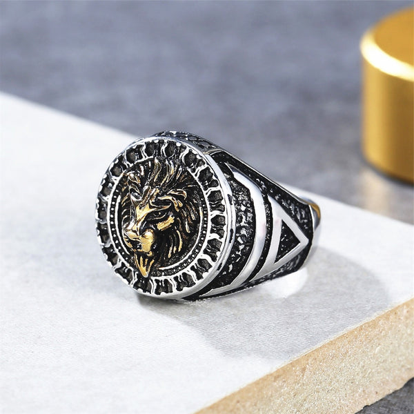 Anillo vintage de acero y oro del Rey León para hombre.