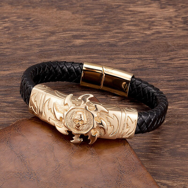 Pulsera punk con hebilla magnética y calavera dorada de rock para hombre
