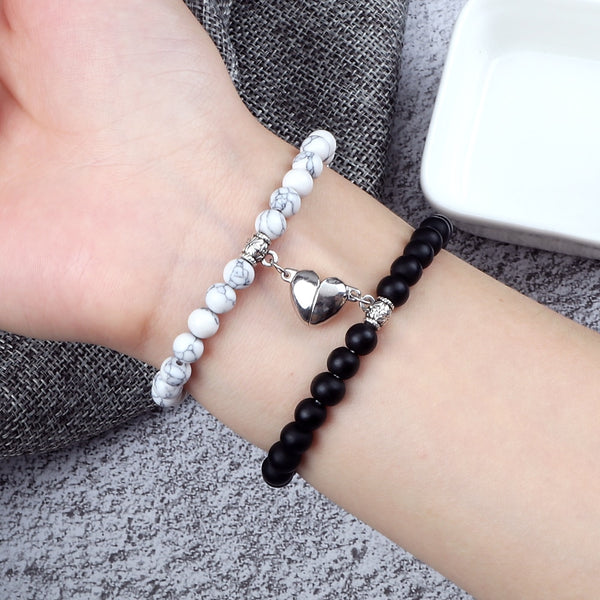 Juego de 2 pulseras con colgante magnético de corazón a distancia para parejas, cuentas de piedra natural.