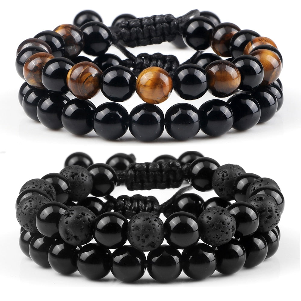 Hot 2pcs/set Men Beaded Bracelets Tiger Eye Lava Natural Stone Onyx Beaded Couple Distance Bracelets