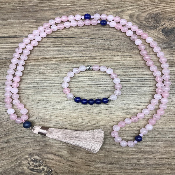 Juego de japamala de lapislázuli y cuarzo rosa de 8 mm para meditación, yoga y joyería espiritual.