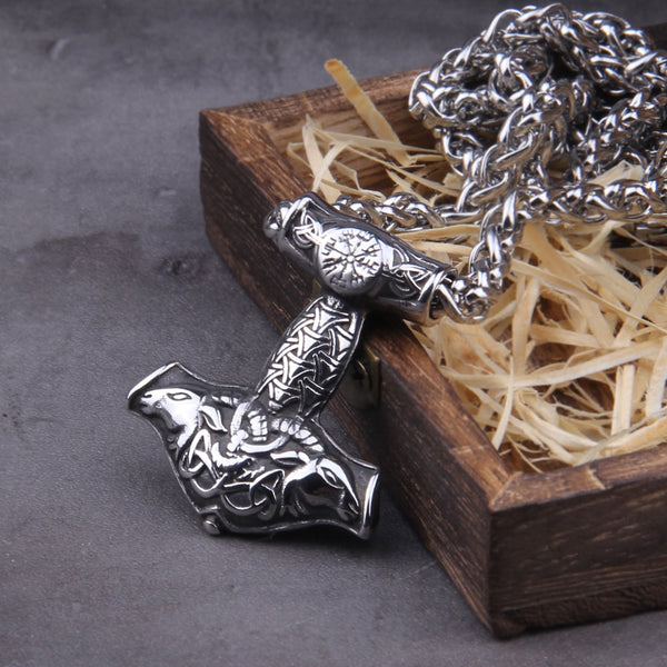 Nordic viking stainless steel thor hammer Mjolnir odin goat valknut vegvisir pendant necklace