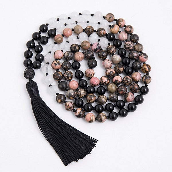 Collar de cuentas Mala de 108 mm, rodolita, ónix negro, jade blanco, anudado, joyería Jalamala
