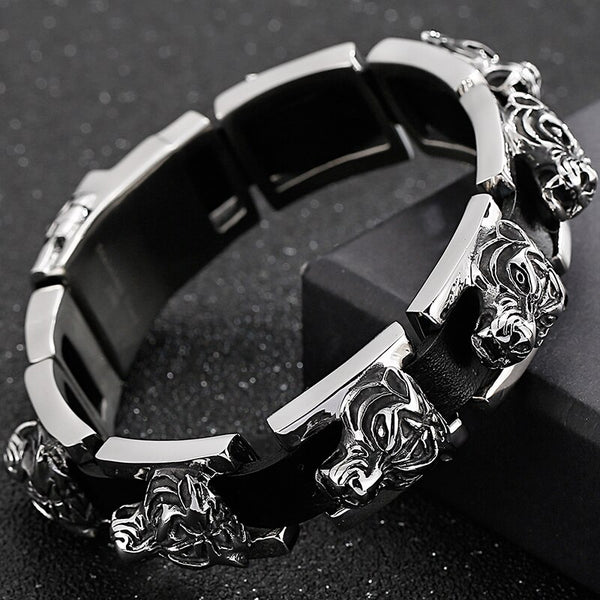 Pulseras de cuero para hombre, cadena de acero inoxidable de 19 mm con cabeza de tigre.