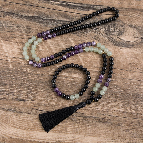 Collar de cuentas de amatista natural y aventurina, jade y ónix negro de 8 mm