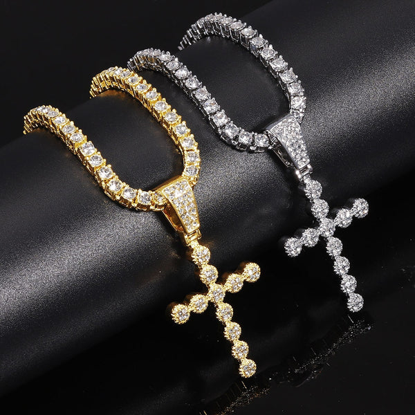 Colgante con dije de cruz de cristal y cadena de tenis de una hilera para mujer