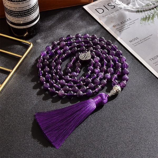 8mm Natural Amethyst Beads Knotted 108 Japa Mala Rosary Necklace Meditation Prayer Yoga Jewelry