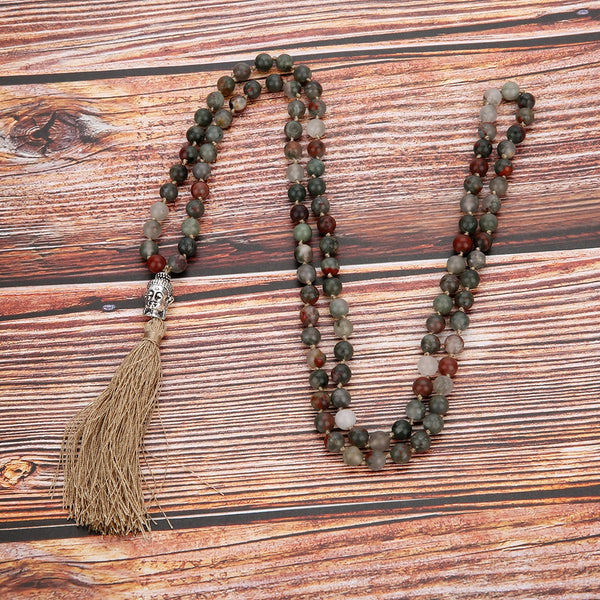 Collar anudado con cuentas de mala 108 de piedra de sangre natural de 6/8 mm